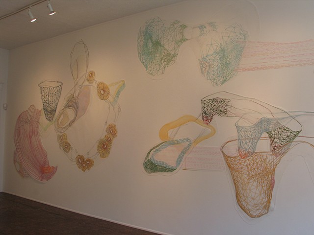 Installation drawing of abstract biomorphic body systems by Kathleen Thum