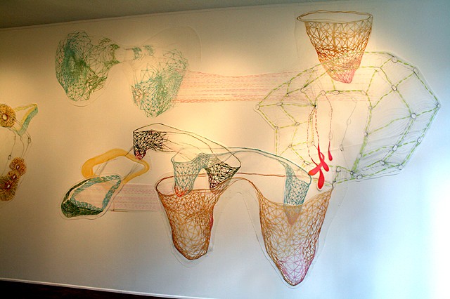 Installation drawing of abstract biomorphic body systems by Kathleen Thum