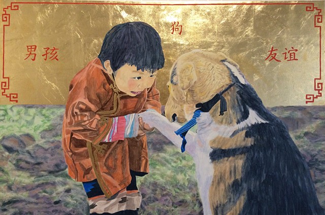 oil, Chinese, pet, dog, boy, gold leaf