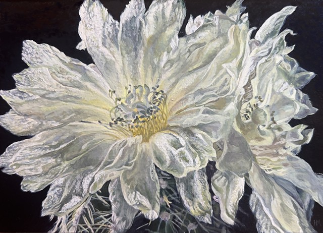 Cactus flower, desert painting, cactus painting, floral painting, yellow flower, glowing flower, cactus flower painting, oil painting