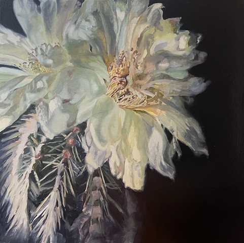 Cactus flower, desert painting, cactus painting, floral painting, yellow flower, glowing flower, cactus flower painting, oil painting