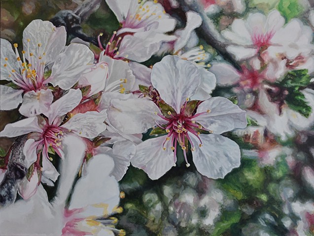 floral painting, blossoms, spring artwork, romance, springtime, photorealism, hyperrealism, oil painting, nature painting, flower painting