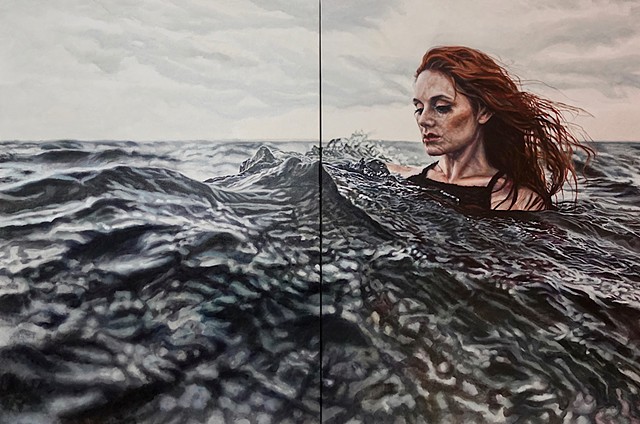 treading water, turbulent water, lost at sea, waves, photorealism