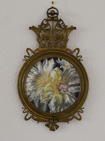 Cactus flower, desert painting, cactus painting, floral painting, flower painting, glowing flower, cactus flower painting, oil painting, floral painting, vintage frame, antique brass frame, unique decor, upcycling