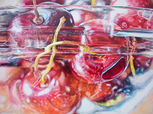 cherry painting, red painting, fruit painting, hyperrealism, oil painting, still life painting
