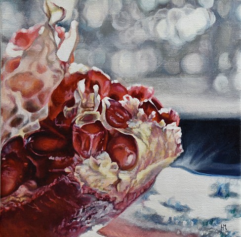 Pomegranate, still life, oil painting, red painting, backlit, hyperrealism, Brian Eno