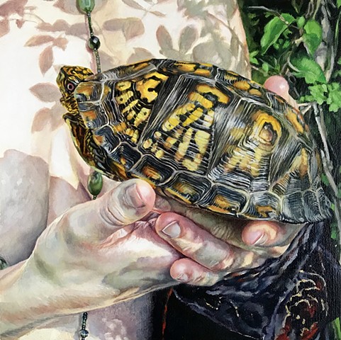 hand, turtle, eastern box turtle, figure painting, nature painting, realism, hyperrealism, photorealism, oil painting, small work