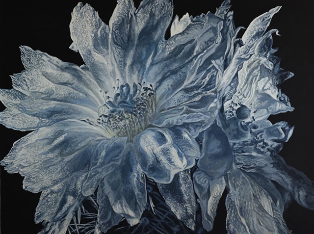 blue painting, blue flower painting, blue floral art, Cactus flower, desert painting, cactus painting, floral painting, yellow flower, glowing flower, cactus flower painting, oil painting