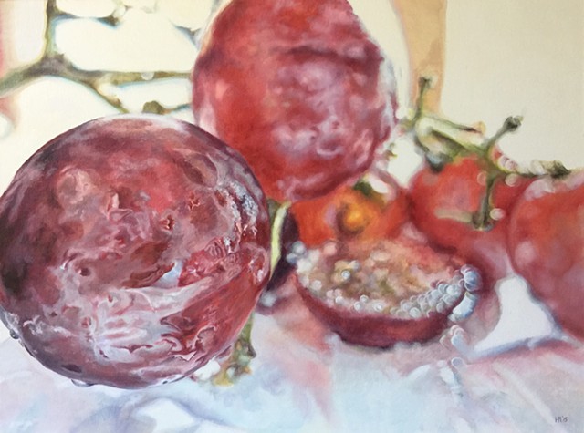 Grape painting, photorealism, hyperrealism, red fruit, bright light, fruit painting
