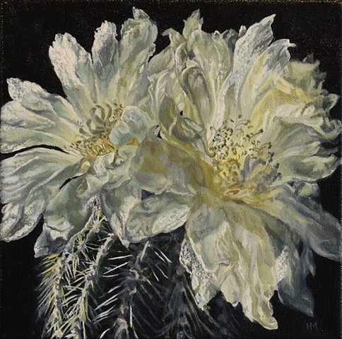 Cactus flower, desert painting, cactus painting, floral painting, yellow flower, glowing flower, cactus flower painting, oil painting