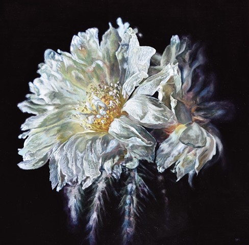 Cactus flower, desert painting, cactus painting, floral painting, yellow flower, glowing flower, cactus flower painting, oil painting