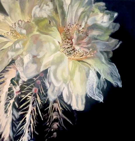 Cactus flower, desert painting, cactus painting, floral painting, yellow flower, glowing flower, cactus flower painting, oil painting