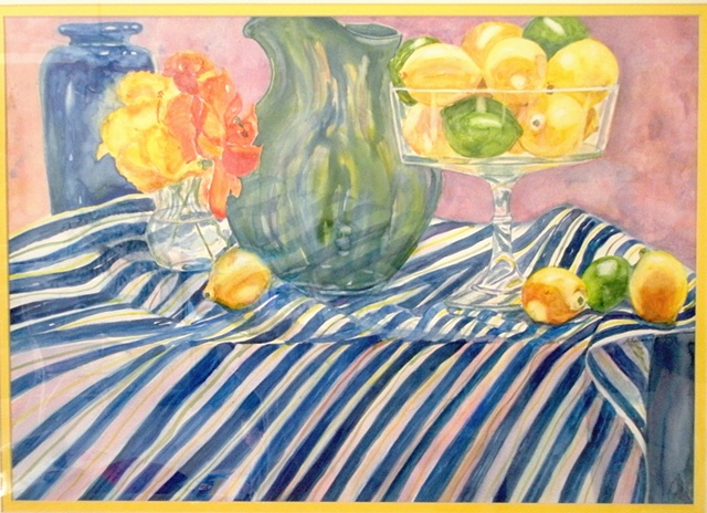 lemons & limes on blue striped cloth