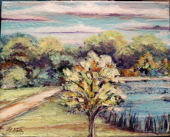 Pond with trees & bushes in bloom