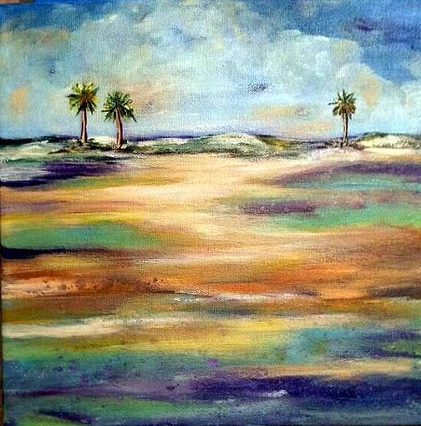 Contemporary view of sand dunes & palm trees