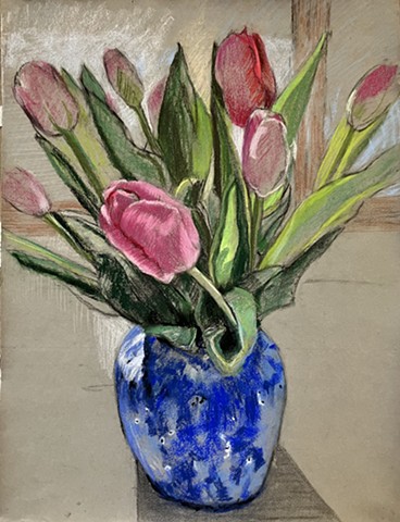 Pink Tulips/blue Vase