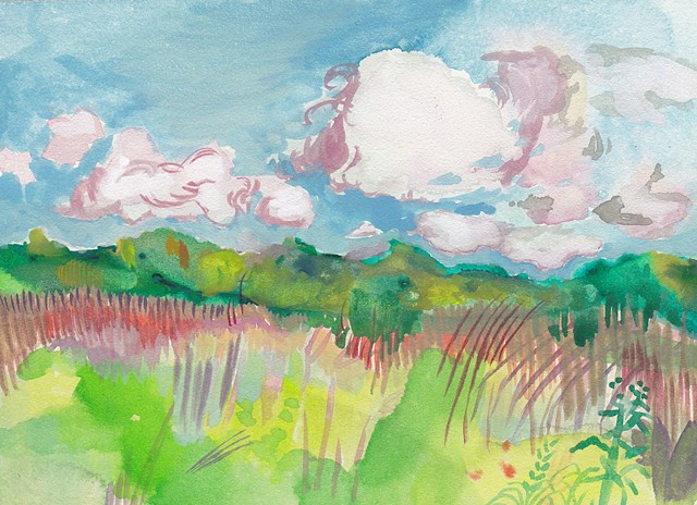 Watercolor Dreamlike Landscape painting of Nature on Illinois Prairie