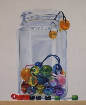 Still life with jar, bobbles, bobos, clappers, buddies, knockers and beads.
