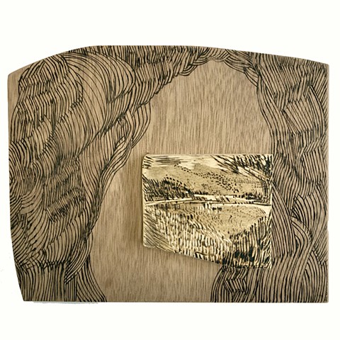 Zoe Cohen artist Burnt Offering abstract landscape art pyrography engraving wood panel drawing