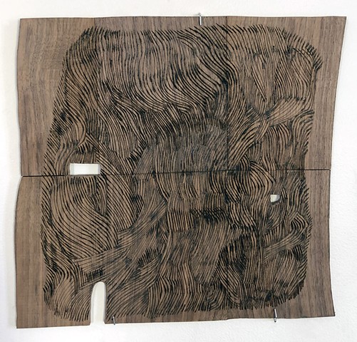 Zoe Cohen Abstract pyrography drawing on tile wood panel