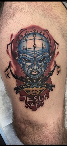 arizona new school, arizona tattoos, drawing, new school tattoos, movie tattoos, pinhead tattoo, hell raiser tattoo, pinhead caricature 