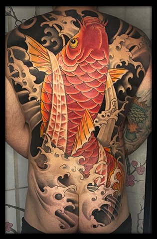 Japanese koi fish tattoo back piece