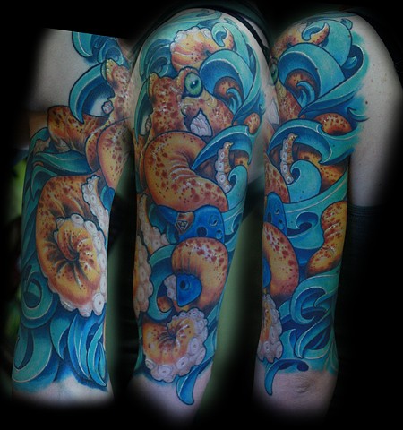 octopus tattoo,arm tattoo, eric james tattoo, arizona tattoo, phoenix tattoo,the blind tiger, color tattoo,bio mech. tattoo. bio mechanical,
