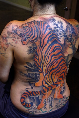 tiger tattoo, color tattoo, japanese tiger tattoo, traditional japanese tattoo, tiger back piece, the blind tiger tattoo, arizona tattoo artist, phoenix tattoo artist, best tattoo artist phoenix az