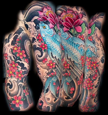 Blue koi fish with cherry blossoms and lotus tattoo