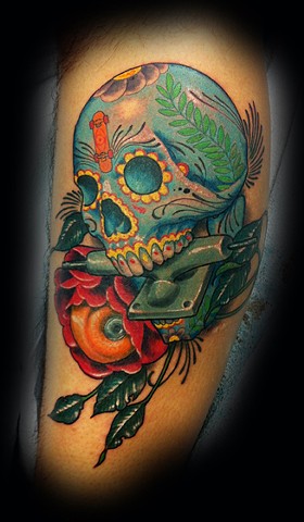 skull tattoo, black and grey tattoo, grim reaper tattoo, color tattoo, eric james tattoo, blind tiger tattoo, phoenix arizona, best tattoo artist arizona, day of the dead tattoo