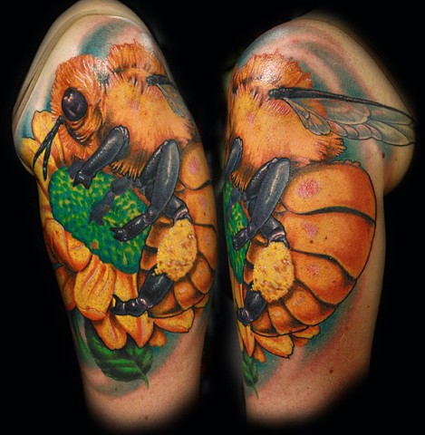 bee tattoo, eric james tattoo, sunflower, blind tiger tattoo, phoenix arizona