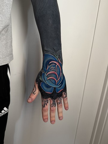 arizona tattooer, arizona tattoo artists, neotraditional rose, neotrad rose, color over black out, hand tattoos