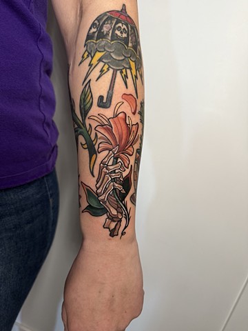 arizona new school, arizona tattooer, neotraditional tattooer, neotrad tattooer, skeleton hand tattoo, traditional color tattoos