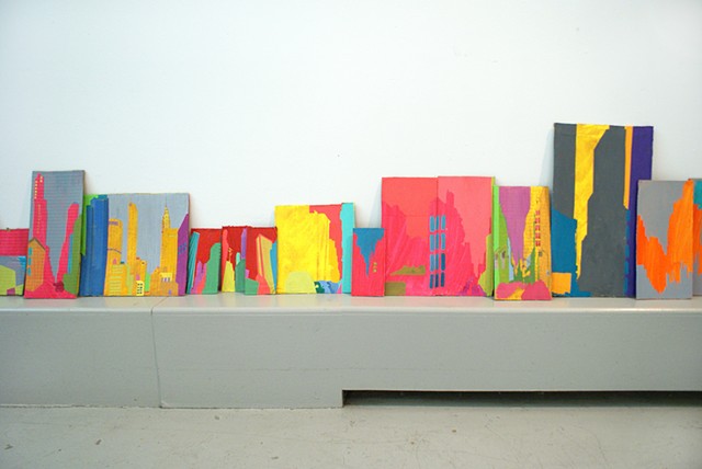 cityscapes on cardboard created during residency in New York by Merryn Trevethan