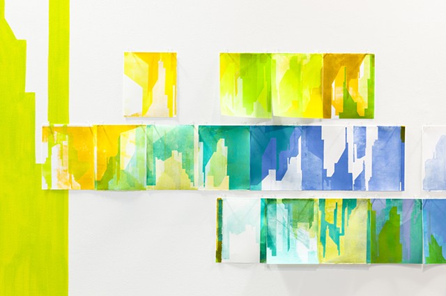 wall painting and monoprints installation of abstracted cityscape by Merryn Trevethan