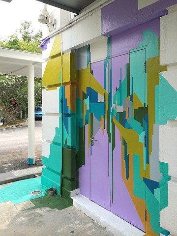 exploding cityscape mural painting for Drive public art festival at gillman Barracks Singapore by merryn trevethan