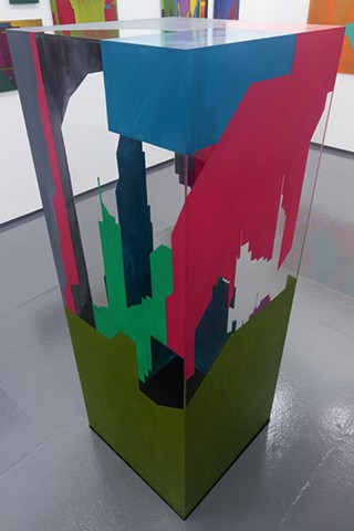 3D cityscape painting on Plexiglass box by Merryn Trevethan