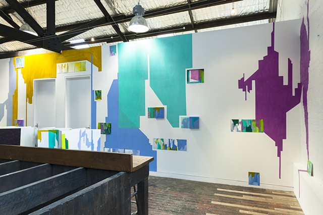 wall painting and monoprints installation of abstracted cityscape by Merryn Trevethan