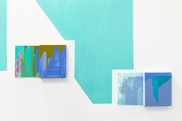 wall painting with paintings and silkscreen installation of abstracted cityscape by Merryn Trevethan