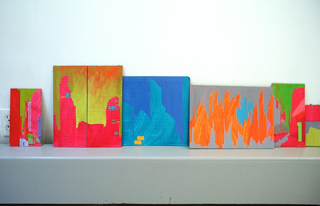 cityscapes on cardboard created during residency in New York by Merryn Trevethan
