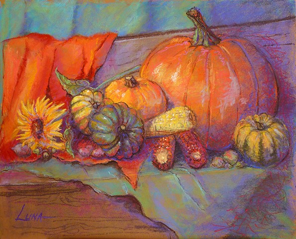 Pastel still life painting of fall harvest with pumpkins and Indian corn by Luna Lewis