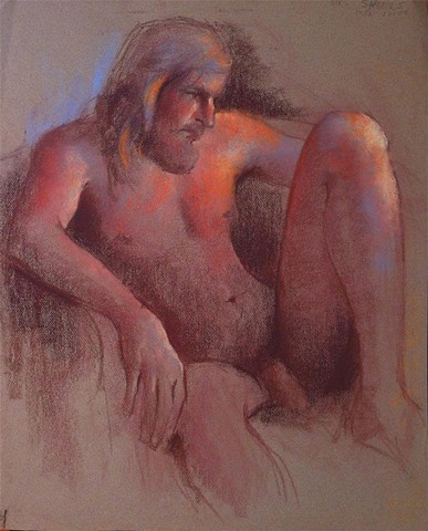 Pastel nude portrait of man with long hair and beard by Luna Lewis