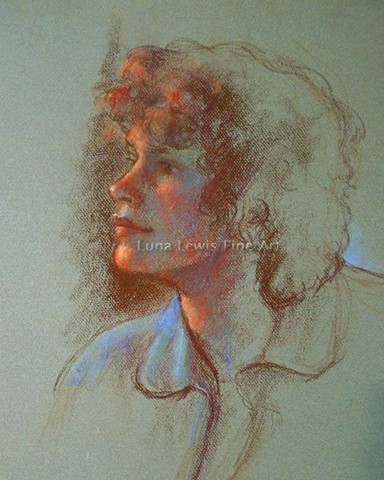 Pastel portrait of woman with curly hair by Luna Lewis