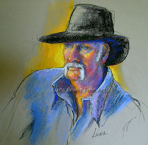 Pastel portrait of craftsman in black hat with fu manchu handlebar mustache by Luna Lewis