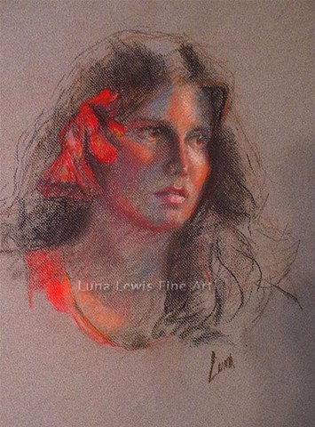 Pastel portrait of girl with red flower in her hair by Luna Lewis