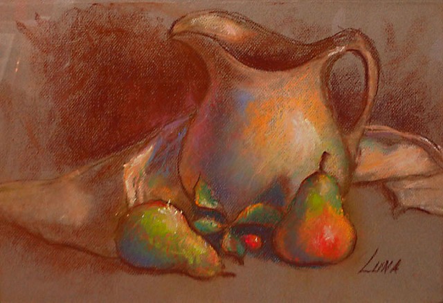 Pastel still life with white pitcher and pears by Luna Lewis
