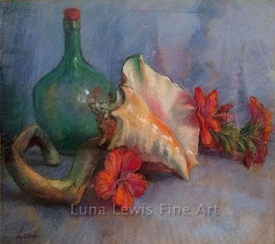 Pastel still life painting with conch shell and green bottle by Luna Lewis