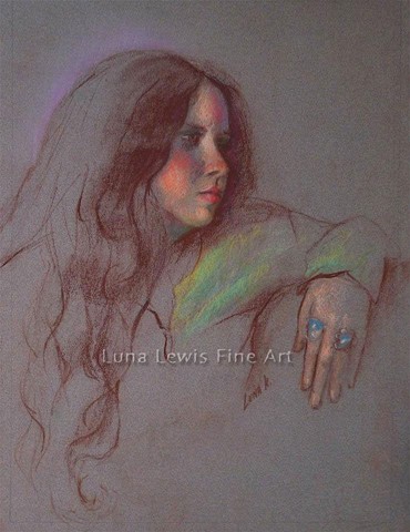 Pastel portrait of girl with long hair and turquoise rings by Luna Lewis