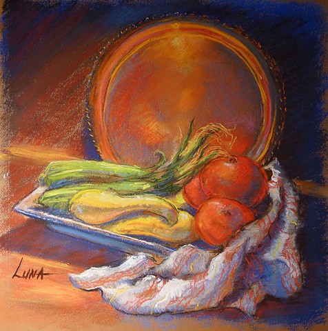 Pastel Painting of Copper tray and vegetables with dish towel by Luna Lewis