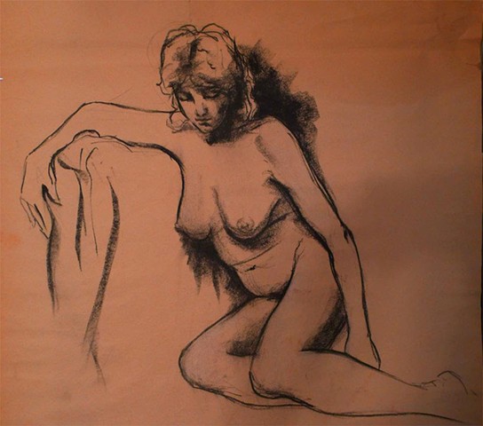 Charcoal drawing of seated nude girl by Luna Lewis